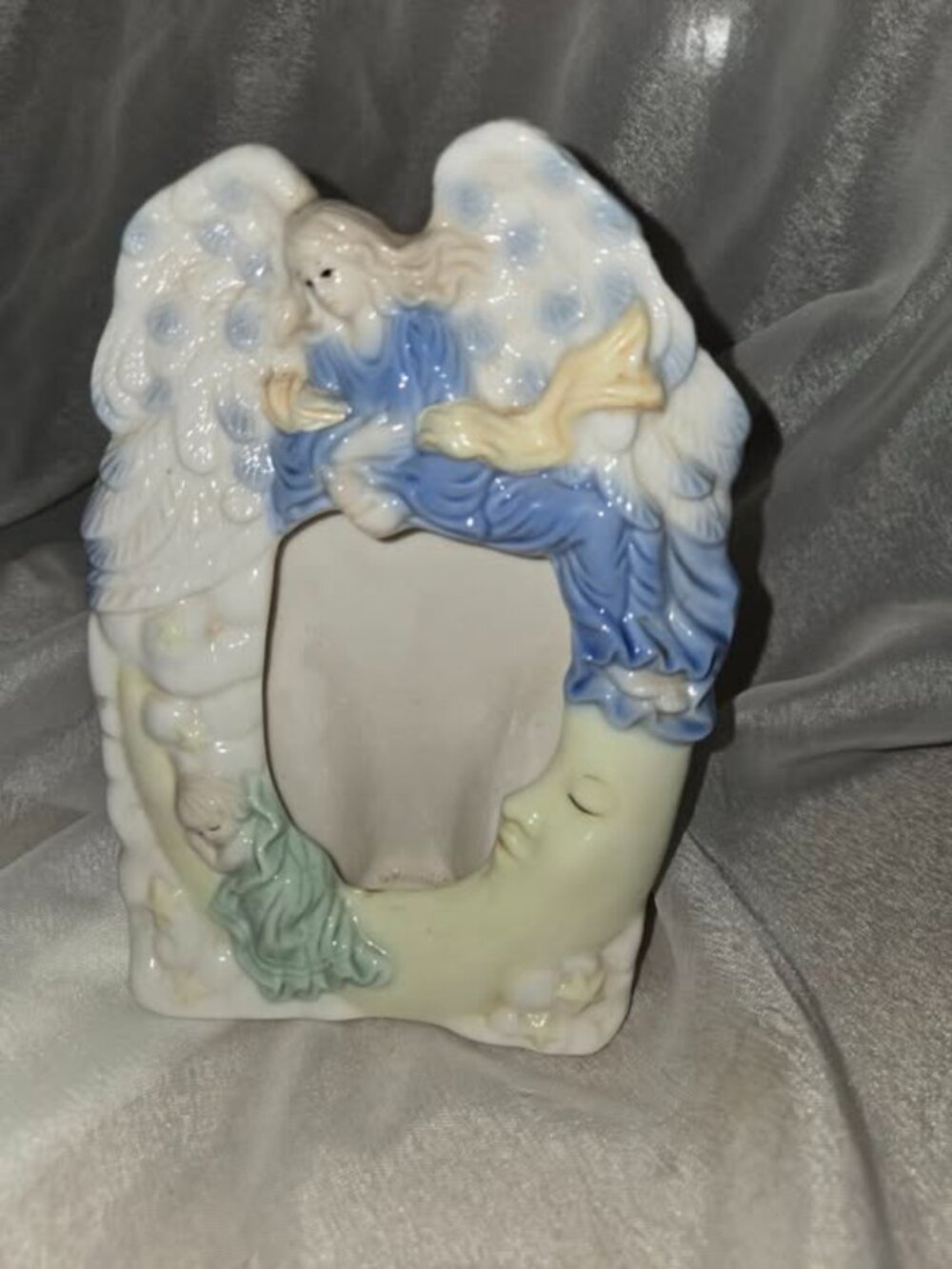 Ceramics Angel Figurine Picture Frame w/ Moon & Sleeping cherub Multicolor 3.5x5